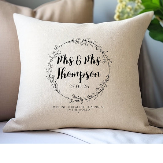 Personalised Wild Flower Wedding Cushion | Couples Engagement Present | Gifts for Mrs and Mrs